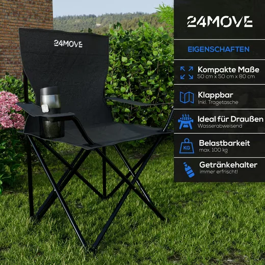 24MOVE Campingstuhl faltbar mit Getränkehalter, Tragetasche, bis 100kg