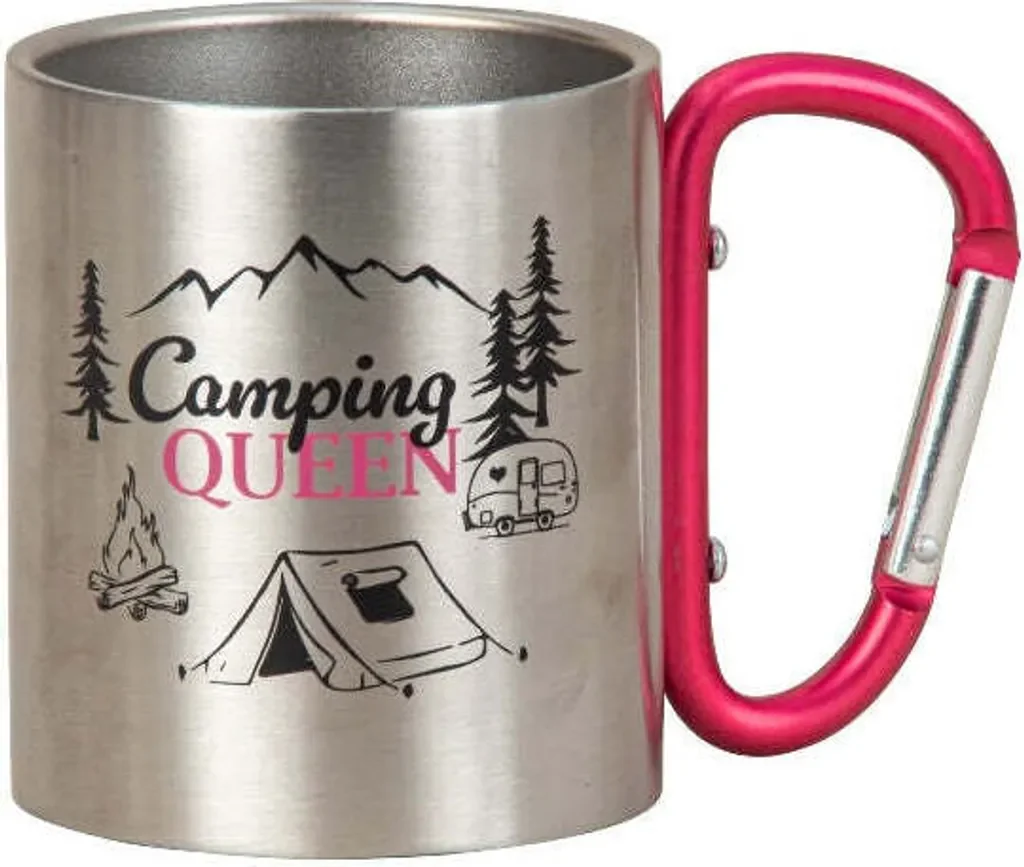 MF Camping Queen Edelstahlbecher mit pinkem Karabinergriff