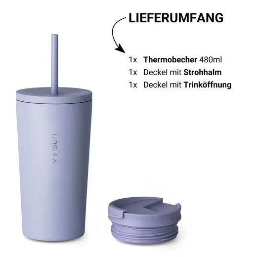 VINSUN Thermobecher Edelstahl 480 ml mit Strohhalm auslaufsicher to go