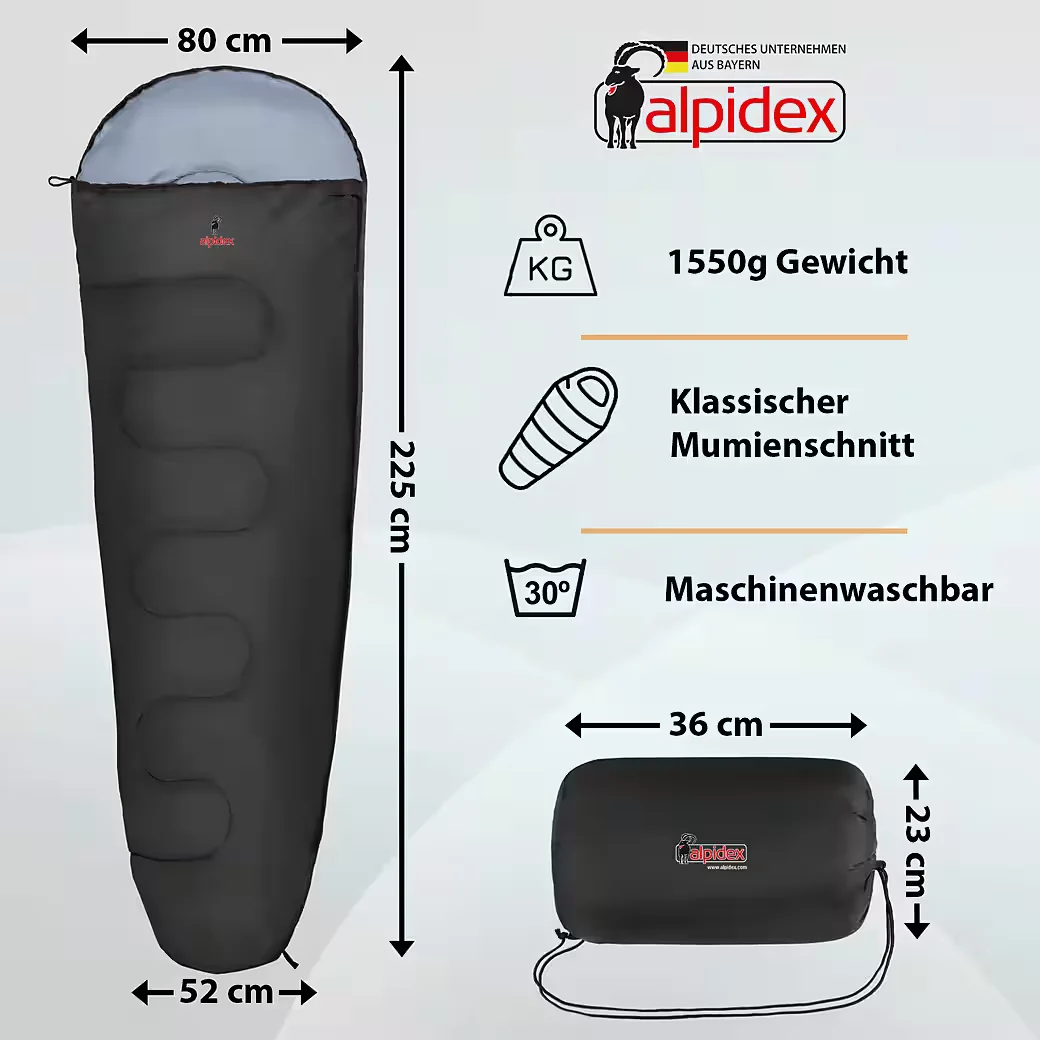 ALPIDEX Mumienschlafsack 225 x 80 cm bis -17 Grad