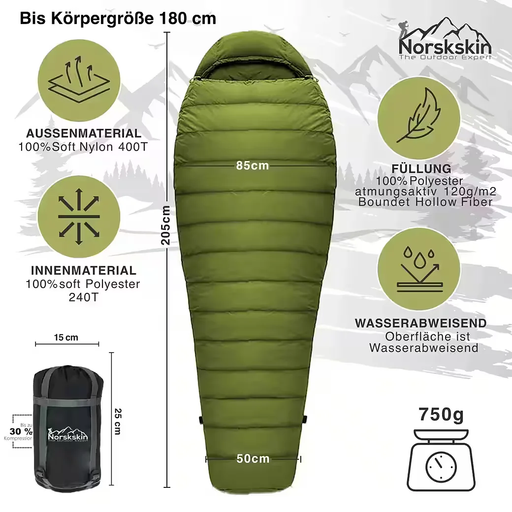 NORSKSKIN Mumienschlafsack Ultralight Green 800 g 205 cm koppelbar