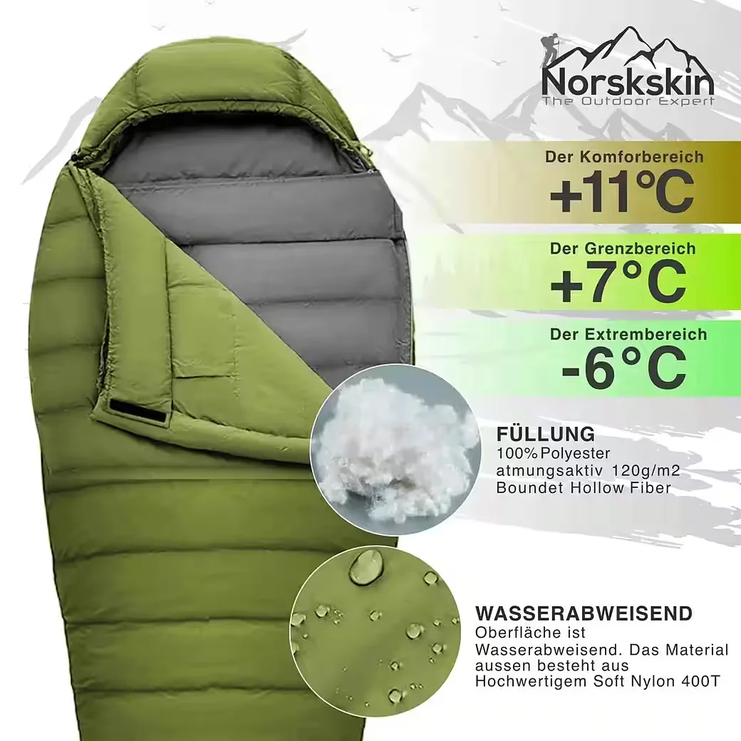 NORSKSKIN Mumienschlafsack Ultralight Green 800 g 205 cm koppelbar