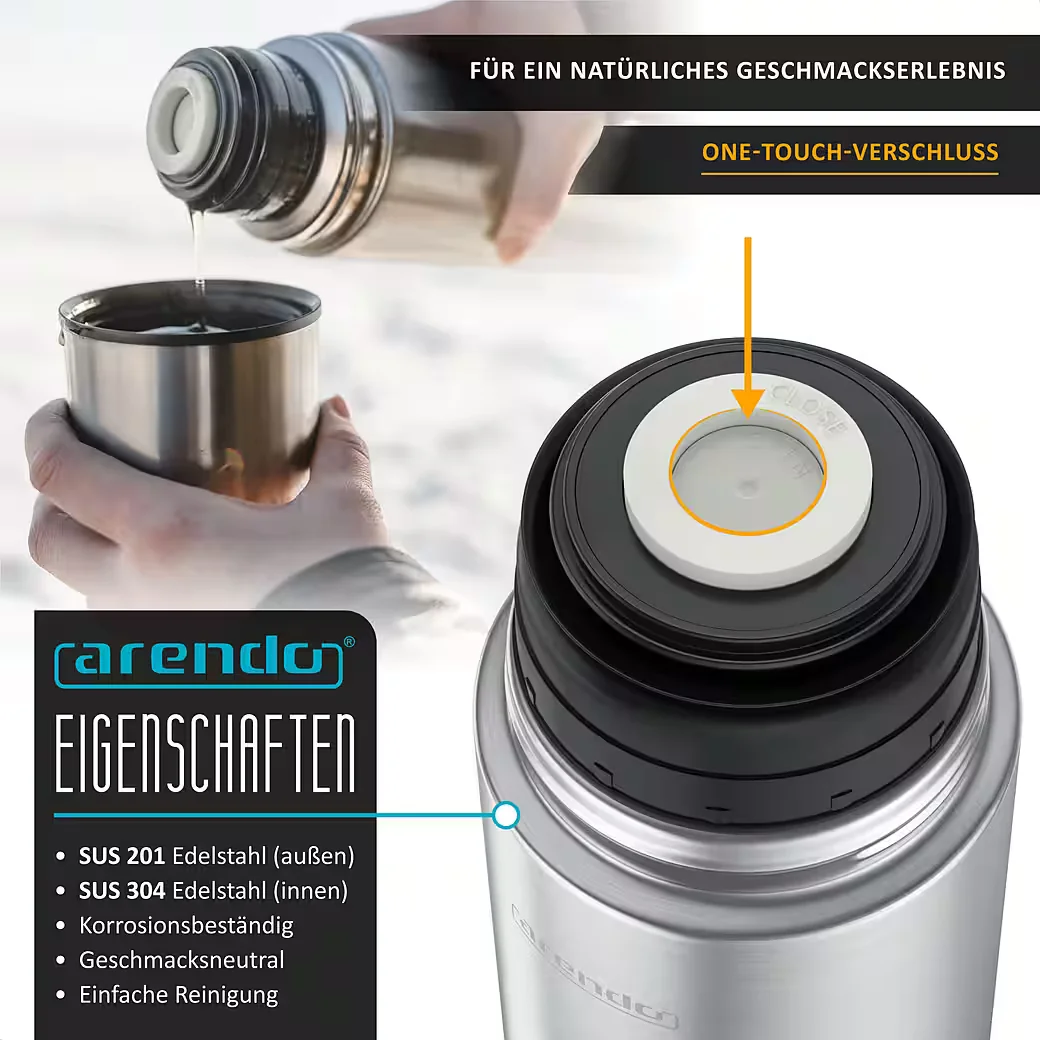 ARENDO Thermoflasche 750 ml Edelstahl auslaufsichere Isolierflasche
