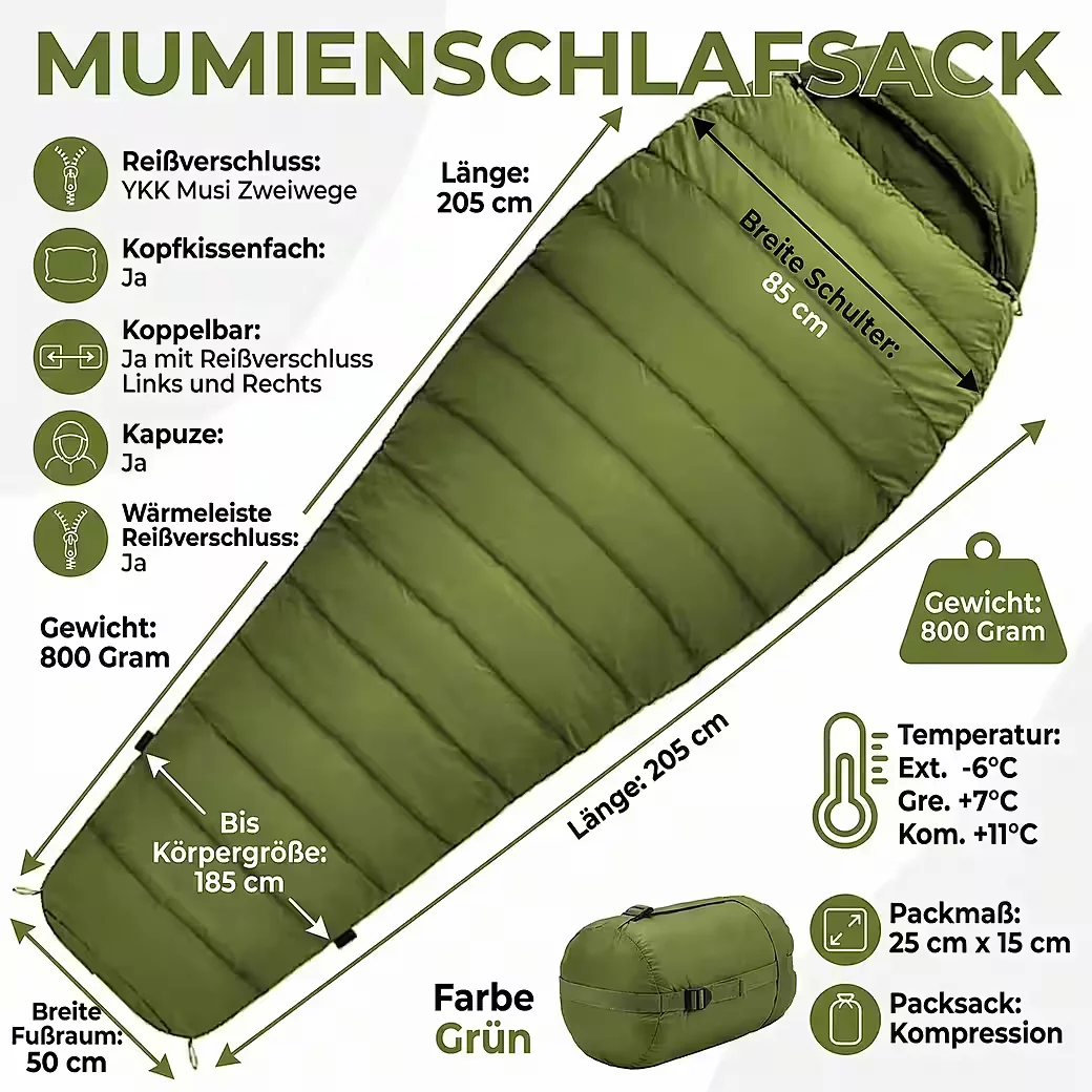 NORSKSKIN Mumienschlafsack Ultralight Green 800 g 205 cm koppelbar