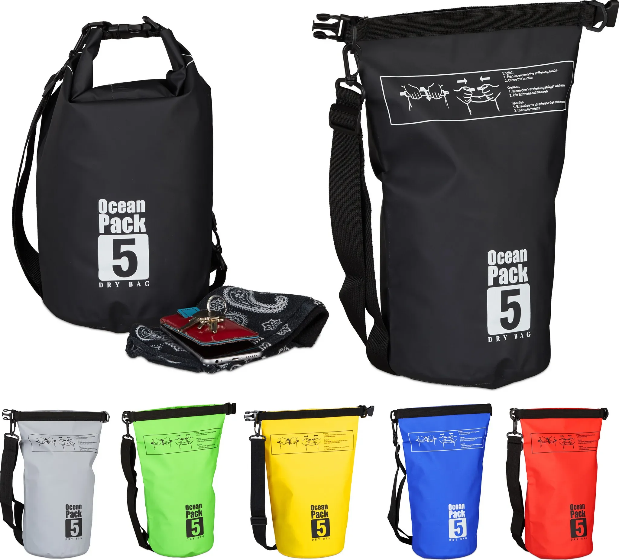 Relaxdays Ocean Pack Dry Bag 5L wasserdicht Trockentasche schwarz