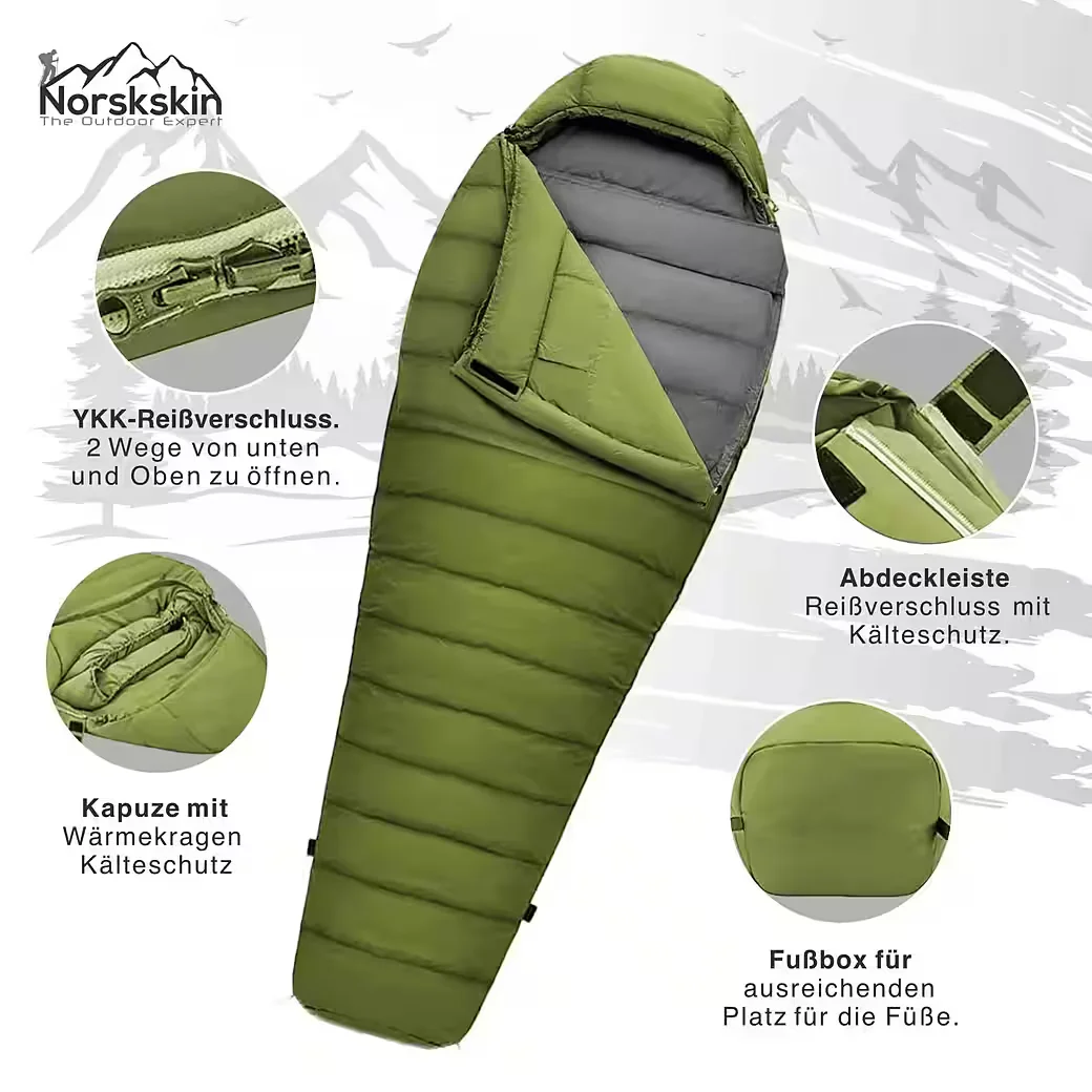 NORSKSKIN Mumienschlafsack Ultralight Green 800 g 205 cm koppelbar