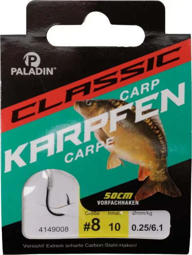 PALADIN Karpfenhaken gebunden Größe 8 Vorfach 50 cm 10 Stück