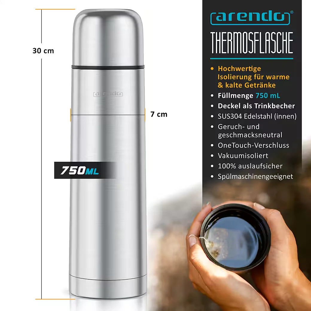 ARENDO Thermoflasche 750 ml Edelstahl auslaufsichere Isolierflasche