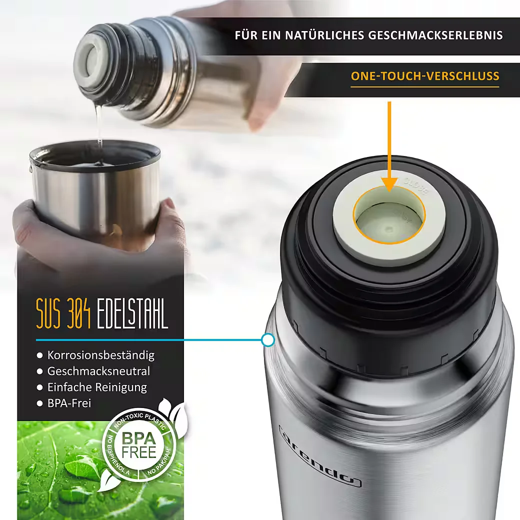 ARENDO Thermoflasche 1L auslaufsicher Edelstahl Trinkflasche