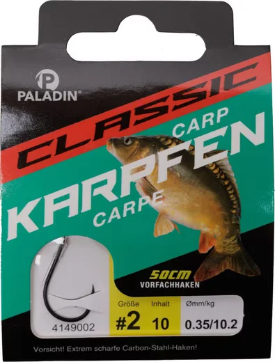 PALADIN Karpfenhaken gebunden Größe 2, 50 cm Vorfach, 10 Stück