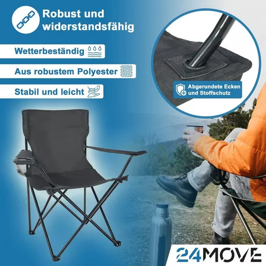 24MOVE Campingstuhl faltbar mit Getränkehalter, Tragetasche, bis 100kg
