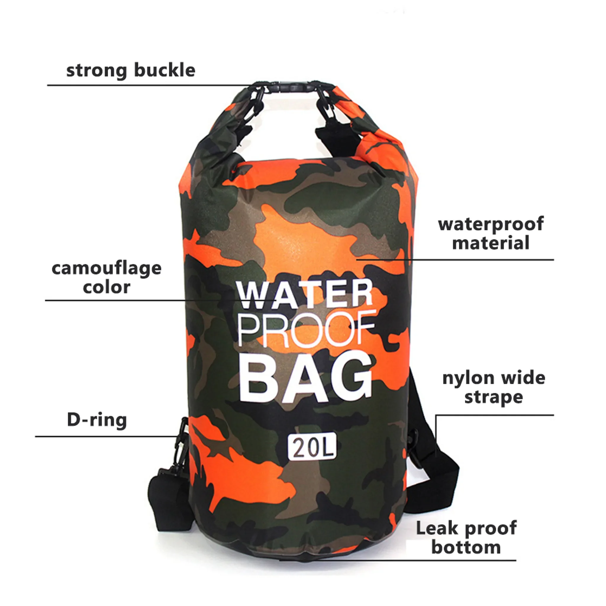 CANDeal Rolltop Drybag Rucksack 30L wasserdicht Camouflage Orange